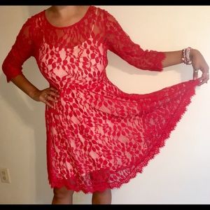 free people red lace dress with white slip